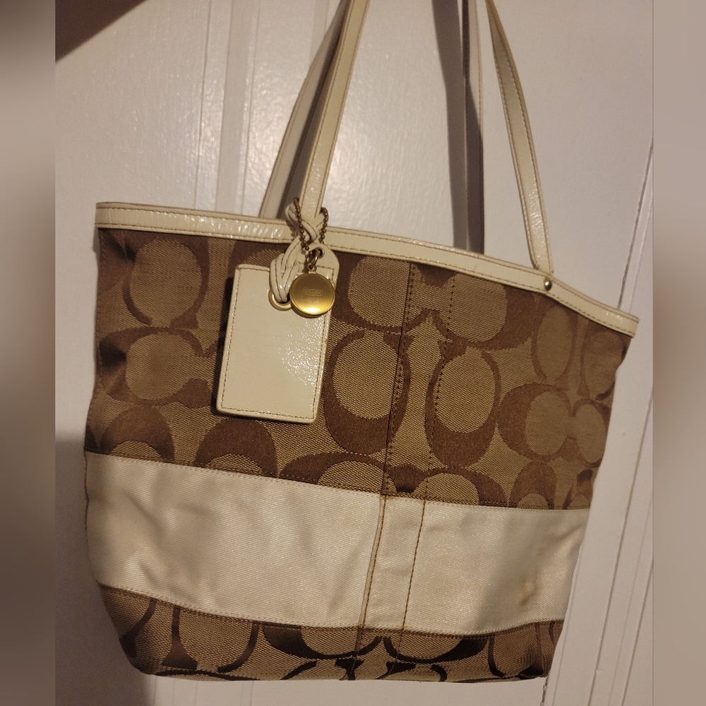 Elegant Brown and Cream Coach Tote Bag